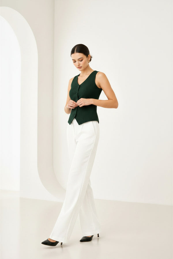 Forest Green Sleeveless Tailored Button Front Top