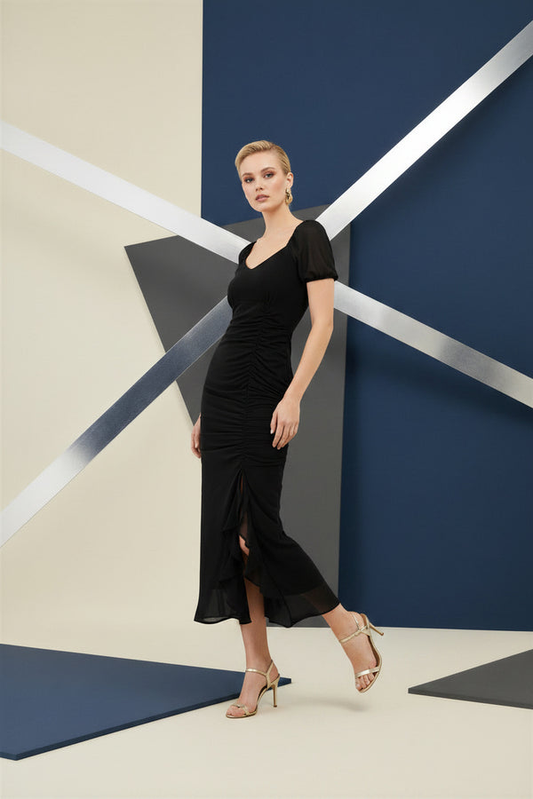 Black Ruched Ruffle Hem Midi Dress