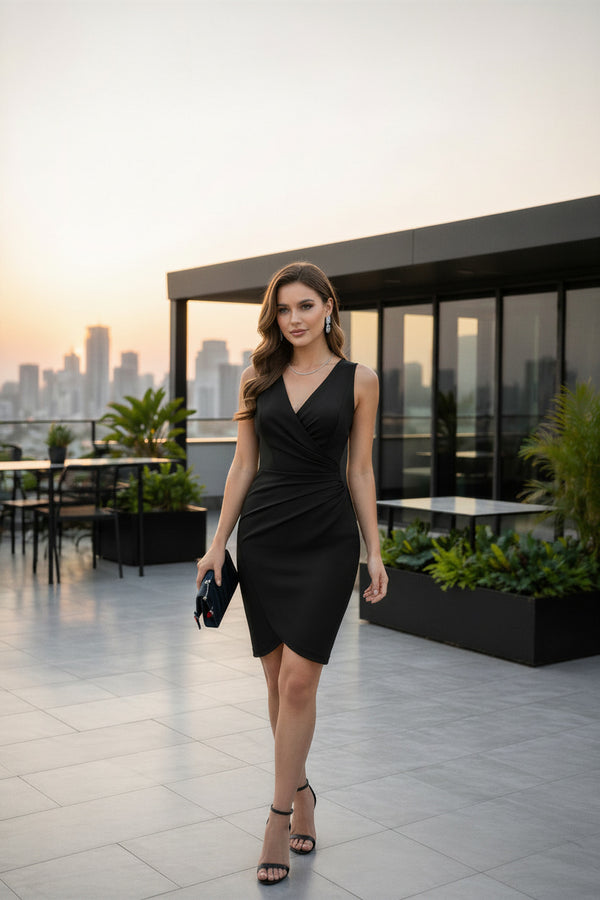 Classic Black Wrap-Style Ruched Lycra Bodycon Dress