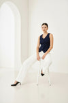 Navy Blue Sleeveless Tailored Button Front Top