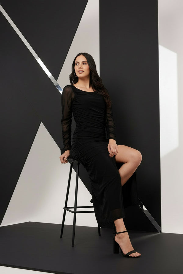 Black Ruched Side Slit Maxi Dress