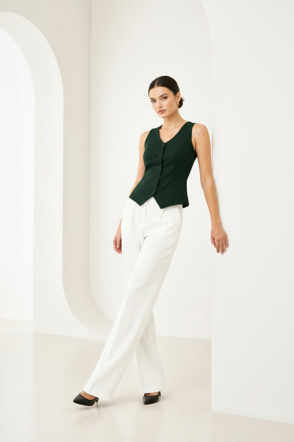 Forest Green Sleeveless Tailored Button Front Top