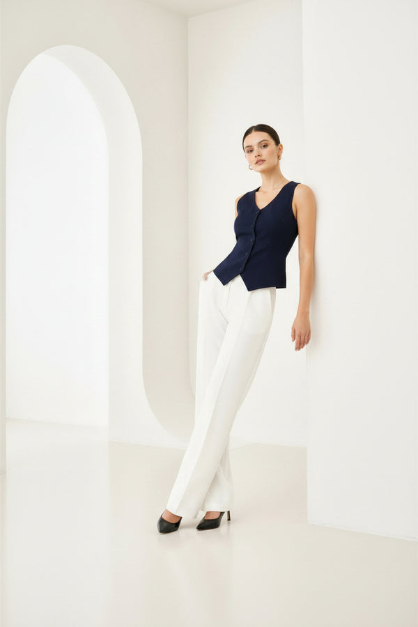 Navy Blue Sleeveless Tailored Button Front Top