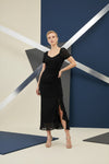 Black Ruched Ruffle Hem Midi Dress