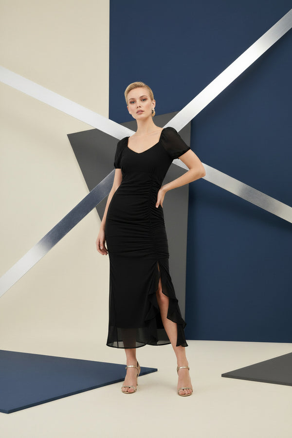 Black Ruched Ruffle Hem Midi Dress