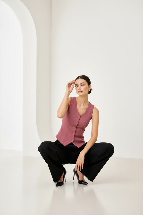 Peach Sleeveless Tailored Button Front Top