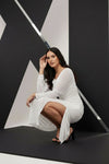 White Ruched Side Slit Maxi Dress