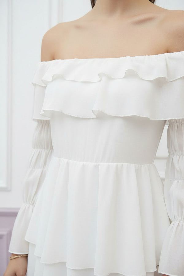 White Off-Shoulder Ruffle Mini Dress