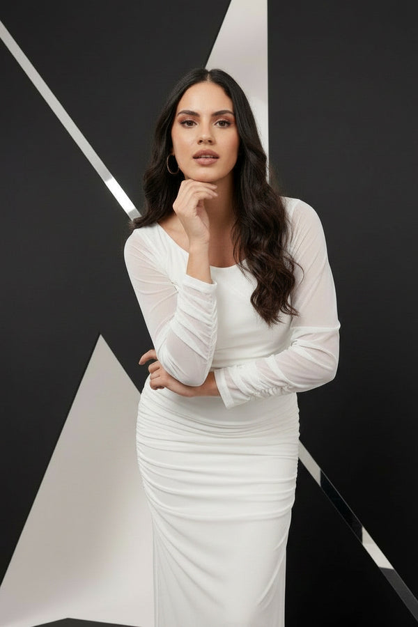 White Ruched Side Slit Maxi Dress
