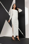 White Ruched Side Slit Maxi Dress