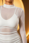 White Mesh Ruched Bodycon Mini Dress