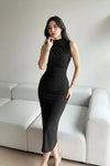 Black Ruched High-Neck Lycra Bodycon Dress