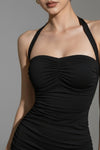 Black Halter Neck Ruched Bodycon Mini Dress