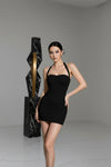 Black Halter Neck Ruched Bodycon Mini Dress