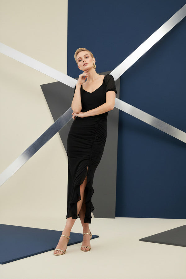 Black Ruched Ruffle Hem Midi Dress
