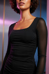 Black Square Neck Ruched Bodycon Mini Dress