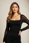 Black Square Neck Ruched Maxi Dress with Side Slit