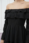 Black Off-Shoulder Ruffle Layered Mini Dress