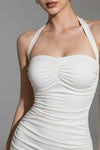White Ruched Halter Neck Mini Bodycon Dress