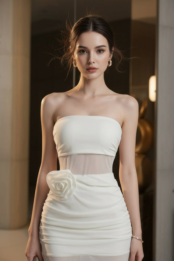 White Rosette Illusion Mesh Evening Gown