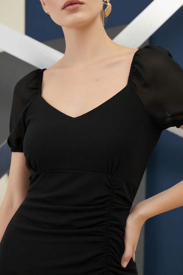 Black Ruched Ruffle Hem Midi Dress