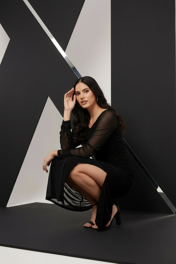 Black Ruched Side Slit Maxi Dress