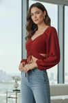 Red Sweetheart Ruched Front Tie-Up Crop Top - GARMENT2FASHION