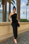 Black One Shoulder Ruched Dress