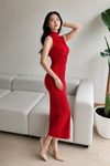 Red High Neck Ruched Bodycon Midi Dress
