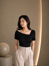 Black Asymmetric Ruched Neck Fitted Top for Women