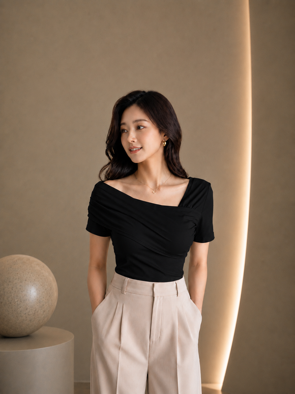 Black Asymmetric Ruched Neck Fitted Top for Women