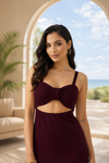 Deep Wine Plum Cut-Out Ruched Bodycon Midi Dress