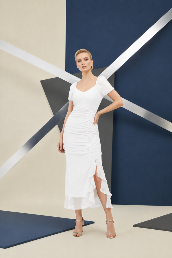 White Ruched Wrap Midi Dress