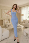 Light Blue Square Neck Bodycon Midi Dress