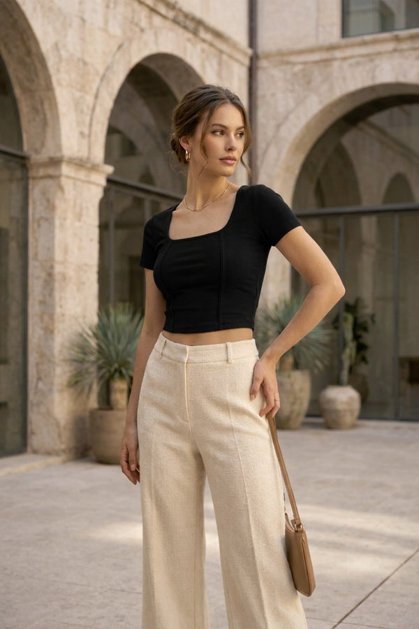 Black Square Neck Crop Top – Slim Fit Ribbed Casual Top