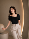 Black Asymmetric Ruched Neck Fitted Top for Women