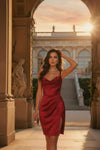 Glossy Satin Cowl Neck Ruched Red Mini Dress with Side Slit
