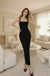 Elegant Black Bodycon Midi Dress – Square Neck Slim Fit Party Dress