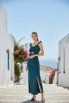 Teal Green Ruched Cut-Out Maxi Dress with Slit