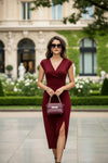 Wine Red V-Neck Body-Fit Midi Dress for Women - GARMENT2FASHION