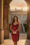 Glossy Satin Cowl Neck Ruched Red Mini Dress with Side Slit