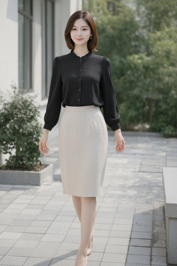 Black Ruffle Neck Button-Down Shirt for Women | Full Sleeve Solid Shirt