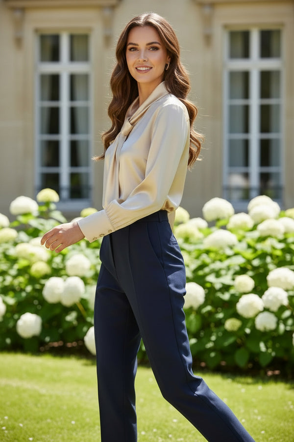 Ivory Satin Tie-Neck Women’s Formal Top - GARMENT2FASHION