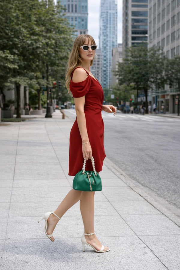 Red Cold Shoulder Wrap Mini Dress for Women