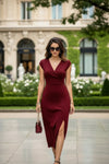 Wine Red V-Neck Body-Fit Midi Dress for Women - GARMENT2FASHION