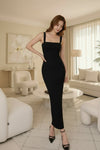 Elegant Black Bodycon Midi Dress – Square Neck Slim Fit Party Dress