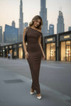 Chocolate Brown One-Shoulder Bodycon Maxi Dress – Elegant Evening Gown