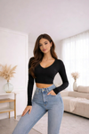 Black V-Neck Full Sleeve Fitted Crop Top