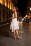 White Spaghetti Strap High-Low Midi Dress for Women | Elegant Party & Evening Dress