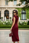 Wine Red V-Neck Body-Fit Midi Dress for Women - GARMENT2FASHION